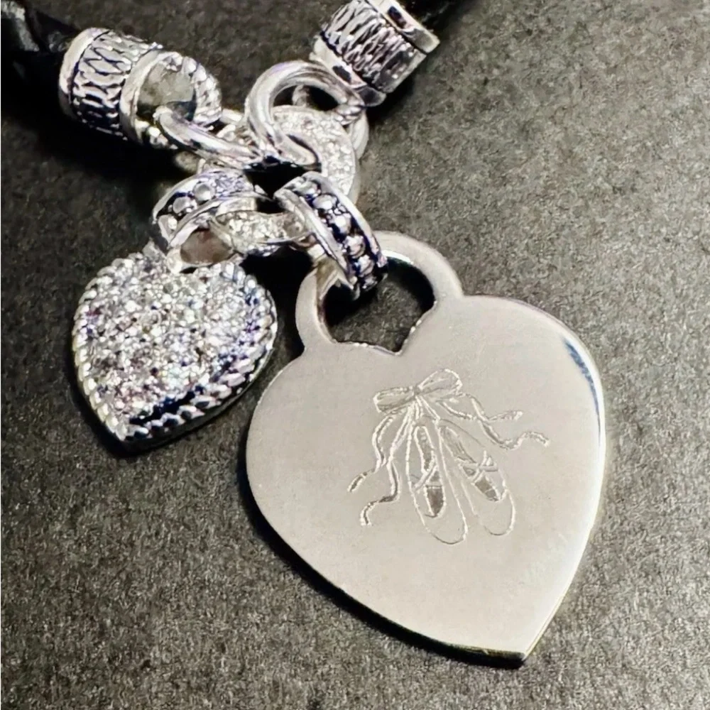Black Braided Leather Charm Bracelet Silver Heart Ballet Shoe Dangle
